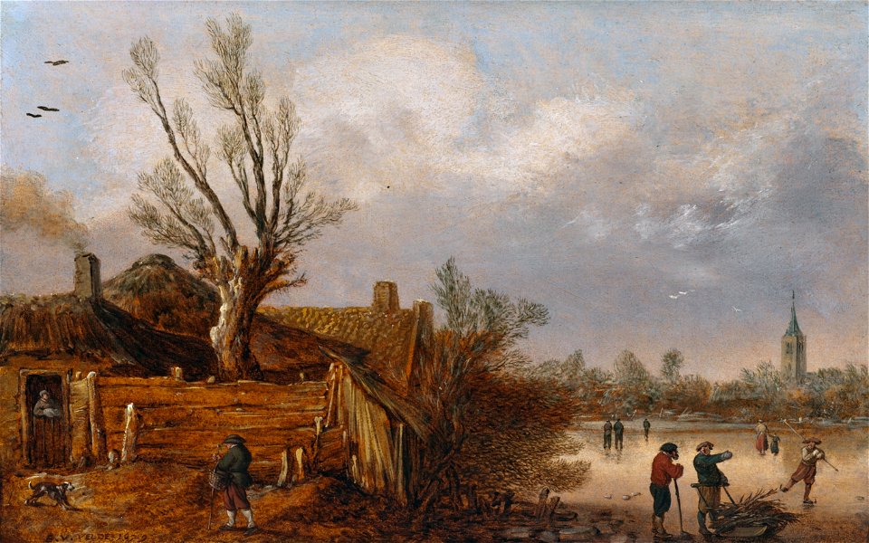 Cottages and frozen river, by Esaias van de Velde