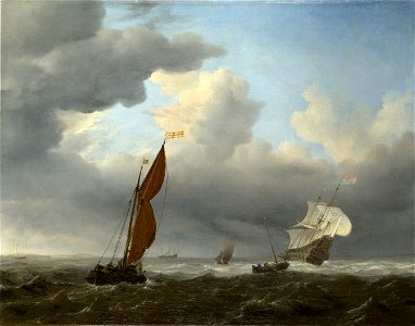 Willem van de Velde II - A Dutch Ship and Other Small Vessels in a Strong Breeze. Free illustration for personal and commercial use.