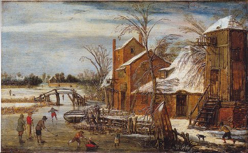 Esaias van de Velde - Winterlandschaft mit Schlittschuhläufern - 1615. Free illustration for personal and commercial use.