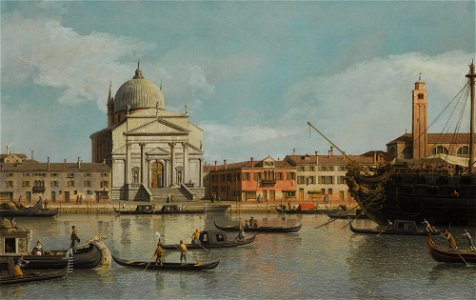 Venice, a view of the Churches of the Redentore and San Giacomo, with a moored Man-of-war, Gondolas and Barges