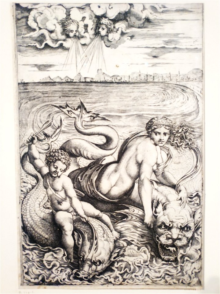 Venus und Amor, auf zwei Meeresungeheuern reitend, um 1516