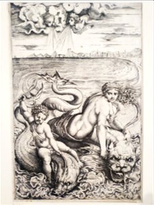 Venus und Amor, auf zwei Meeresungeheuern reitend, um 1516