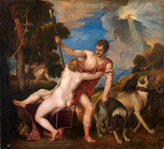 Venus and Adonis by Titian (cropped). Free illustration for personal and commercial use.