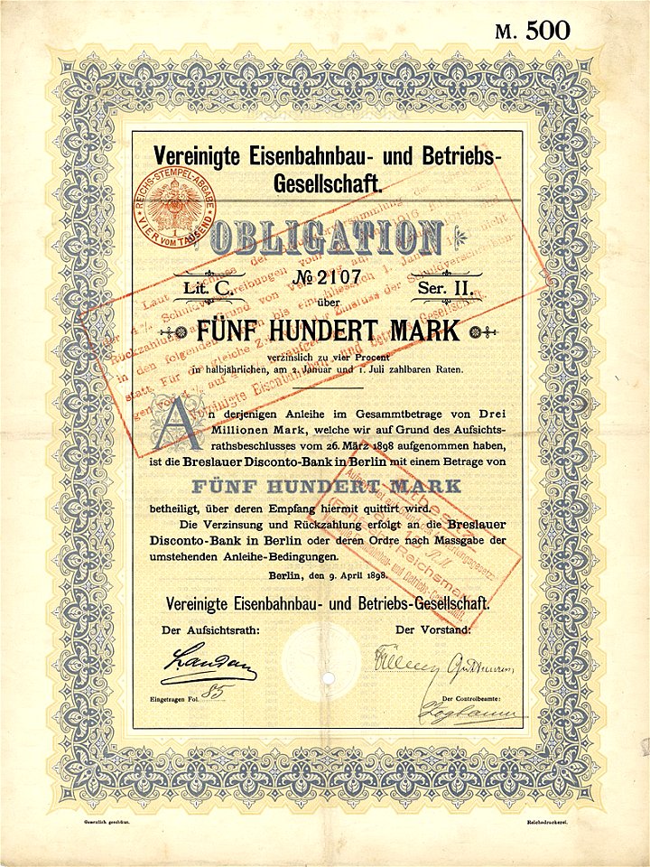 Vereinigte Eisenbahnbau- und Betriebs-Gesellschaft 500 Mk 1898