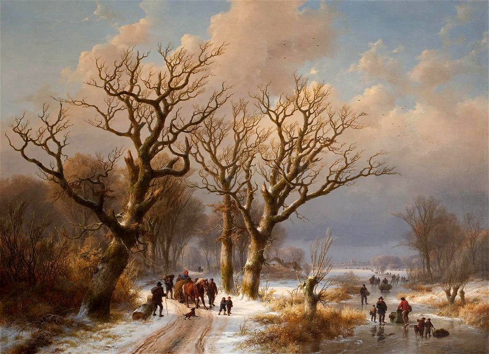 Eugène Verboeckhoven en Johan Klombeck - Winterlandschap met paard en talloze figuren