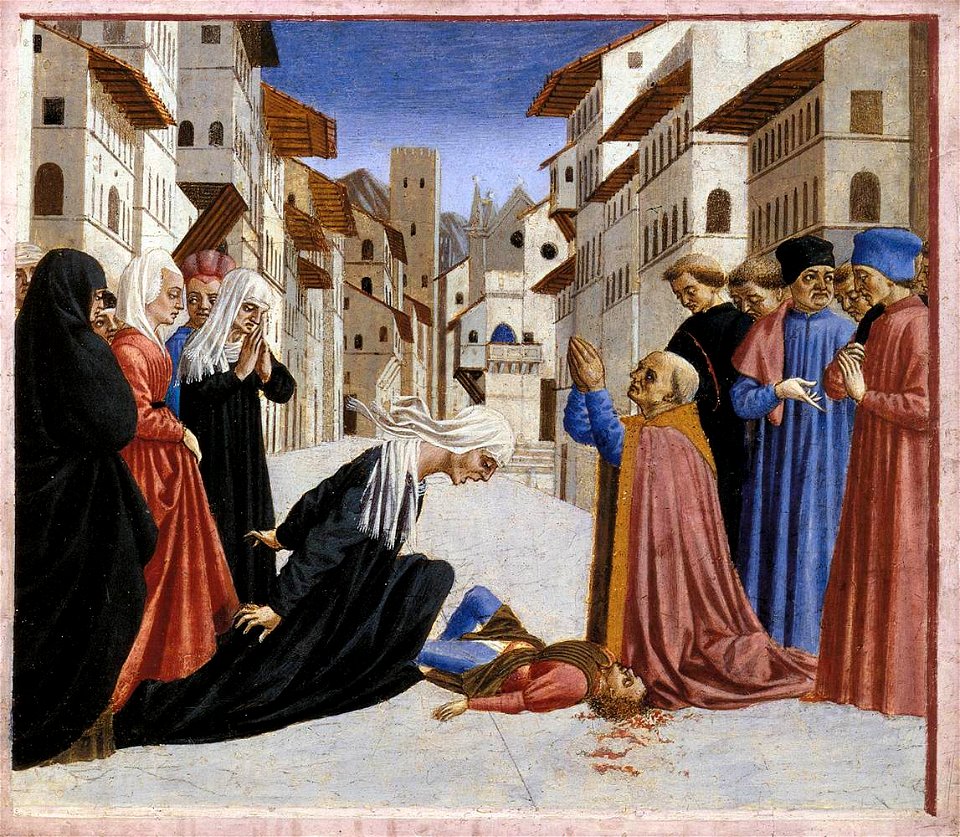 Domenico Veneziano - St Zenobius Performs a Miracle (predella 4) - WGA06435