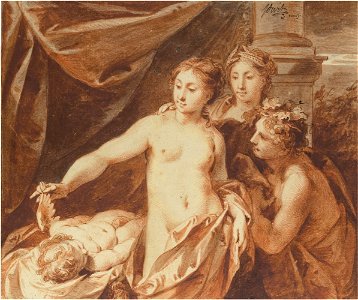 Venus, Bacchus and Ceres observing the sleeping Cupid by Jacob de Wit