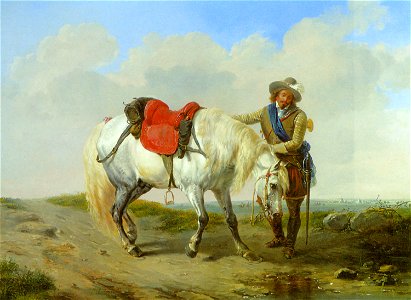 Verboeckhoven Eugene Joseph A Cavalier watering his Mount 1852 Oil On Panel. Free illustration for personal and commercial use.