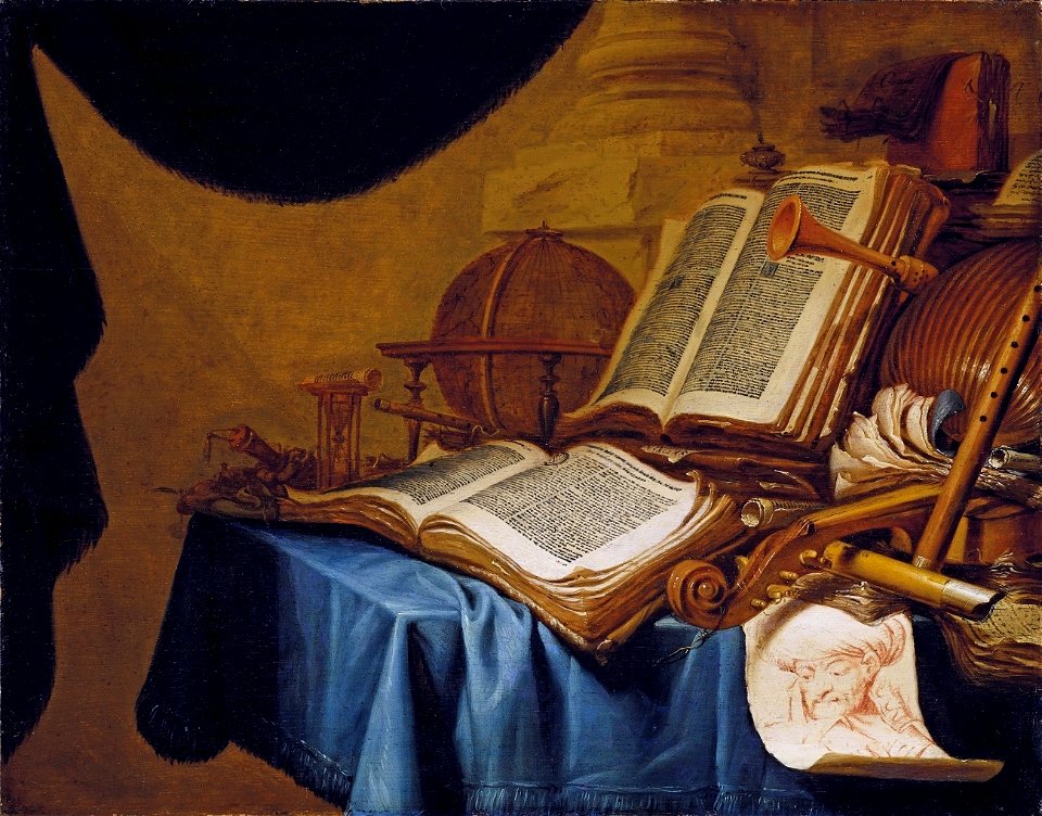 Ver Meulen Stillleben mit Globus Musikinstrumenten Büchern und Zeichnung