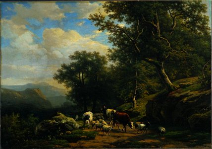 Eugène Joseph Verboeckhoven - Landscape with a peasant and his flock (1850s). Free illustration for personal and commercial use.