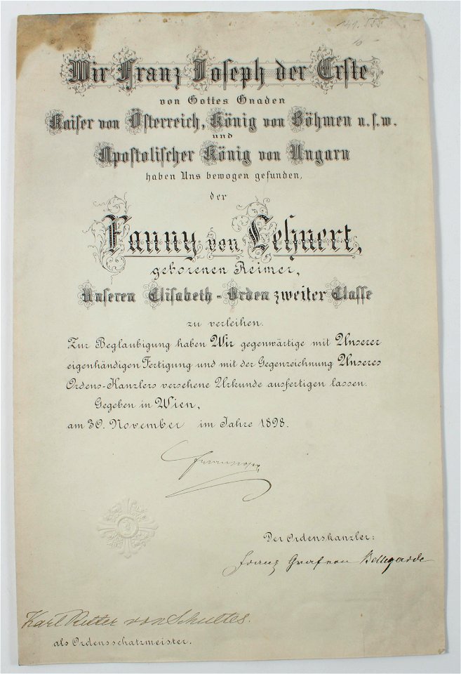 Verleihungsurkunde zum Elisabeth-Orden Fanny Lehnert 1898