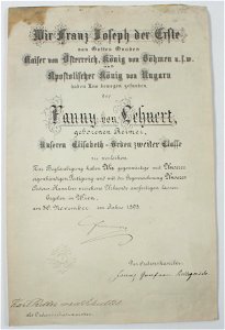 Verleihungsurkunde zum Elisabeth-Orden Fanny Lehnert 1898