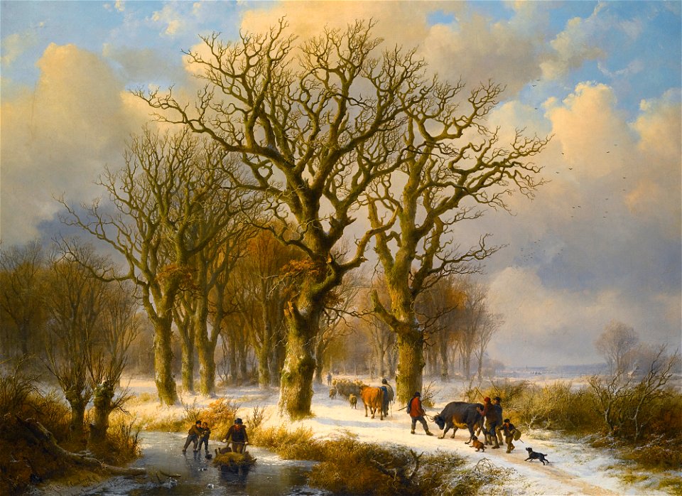 Eugène Verboeckhoven & Johan Klombeck - Winterlandscape with cattle drivers (1863)