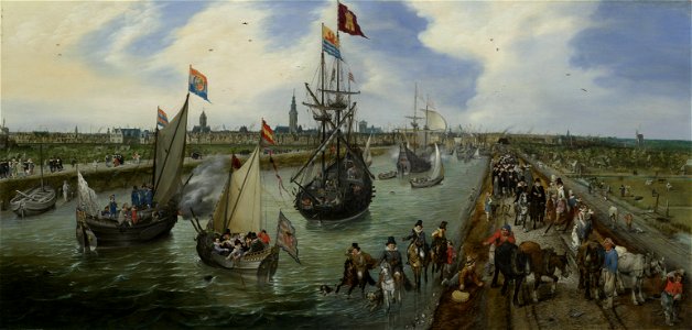 Het vertrek van een hoogwaardigheidsbekleder (Robert Sidney) uit Middelburg - The Departure of a Senior Functionary from the Port of Middelburg (Adriaen Pietersz. van de Venne). Free illustration for personal and commercial use.