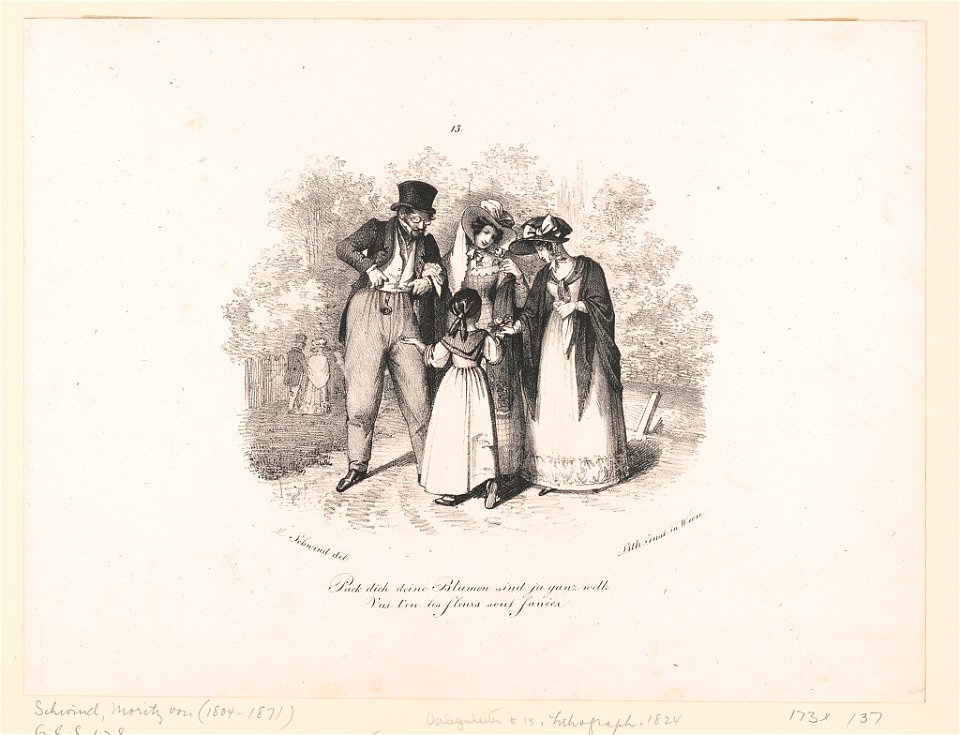 Verlegenheiten. No. 13, Pack dich deine Blumen sind ja ganz welk Vas t'en les fleurs sont fanées - - M. Schwind del. ; lith. Inst. in Wien. LCCN2012649942