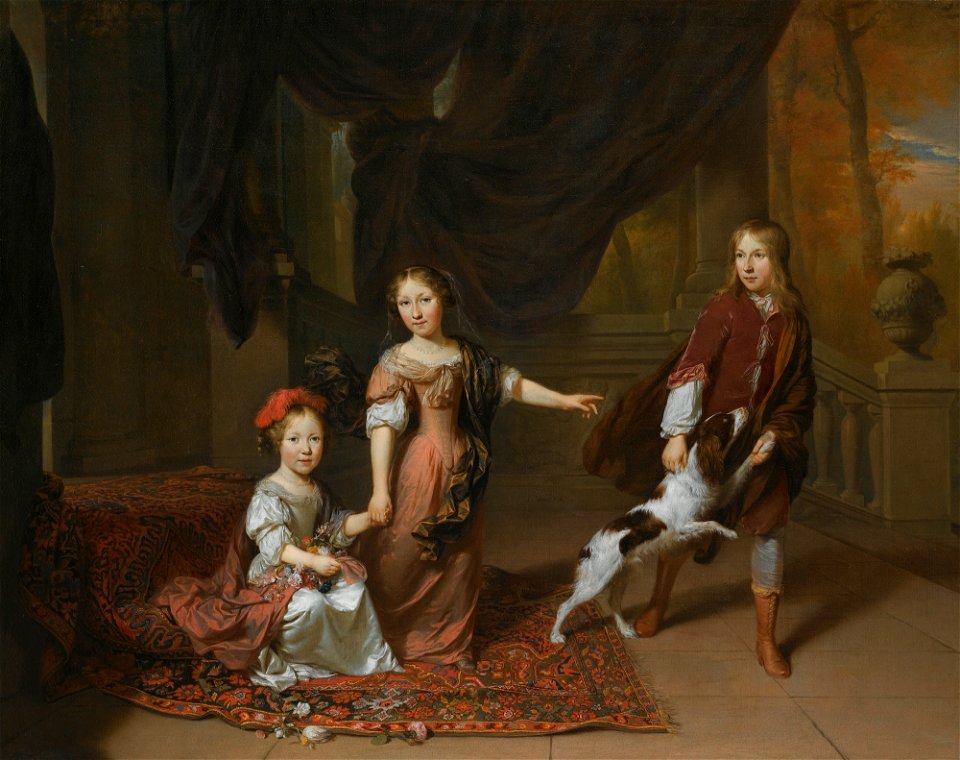 Jan Verkolje (I) - Portrait of two sisters and their brother playing with a dog