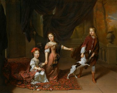 Jan Verkolje (I) - Portrait of two sisters and their brother playing with a dog