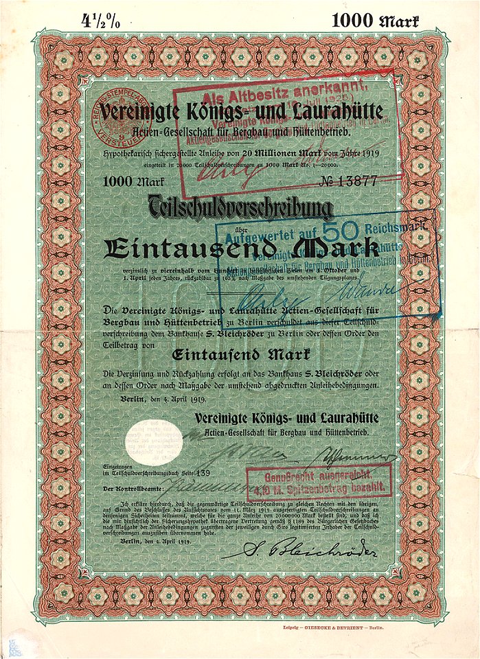 Vereinigte Königs- und Laurahütte 1000 Mk 1919
