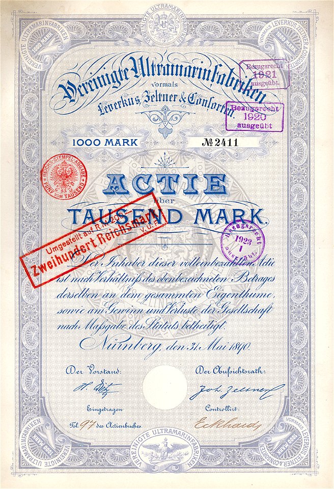 Vereinigte Ultramarinfabriken 1000 Mk 1890
