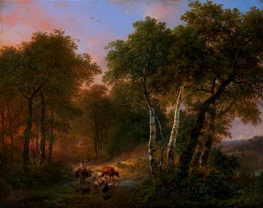 Wood landscape with animals, by Eugène Verboeckhoven. Free illustration for personal and commercial use.