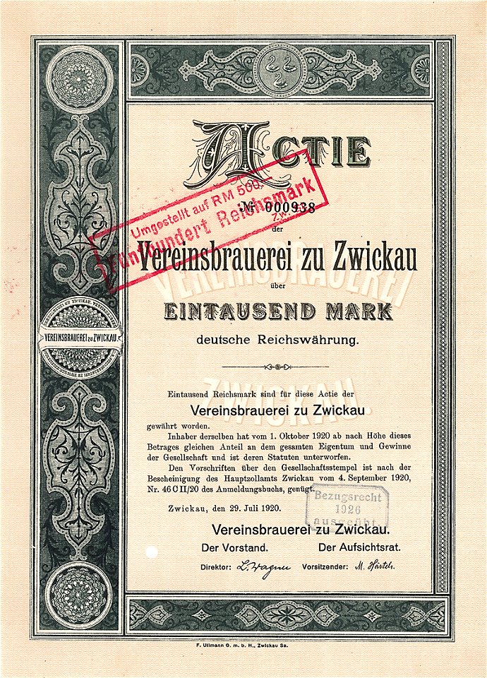 Vereinsbrauerei zu Zwickau 1000 Mk 1920