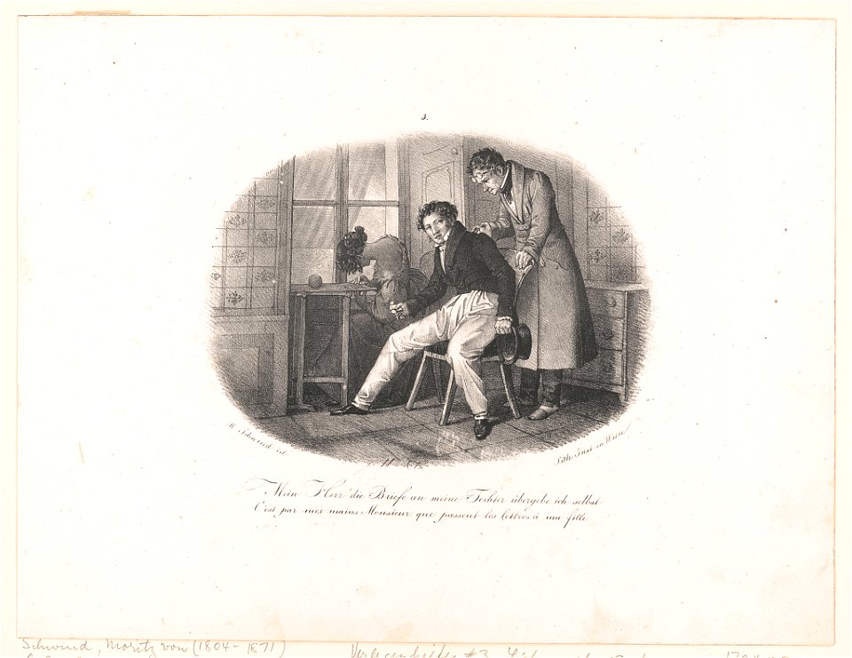 Verlegenheiten. No. 3, Mein Herr die Briefe an meine Tochter übergebe ich selbst! C'est par mea mains Monsieur que passent les lettres á ma fille! - - M. Schwind del. ; lith. Inst. in Wien. LCCN2012649932