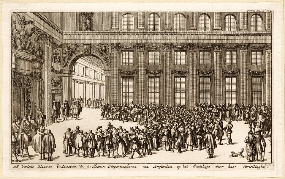 Verloste slaaven bedancken de e heeren burgermeesteren van Amsterdam op het stadthuijs voor haer verlossinghe, objectnr A 41733