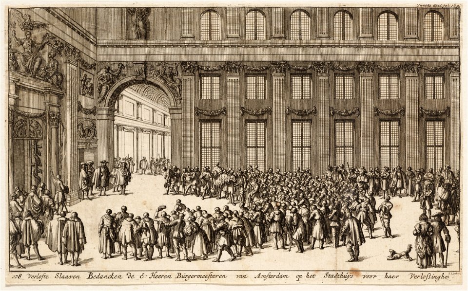 Verloste slaaven bedancken de e heeren burgermeesteren van Amsterdam op het stadthuijs voor haer verlossinghe, objectnr A 41718