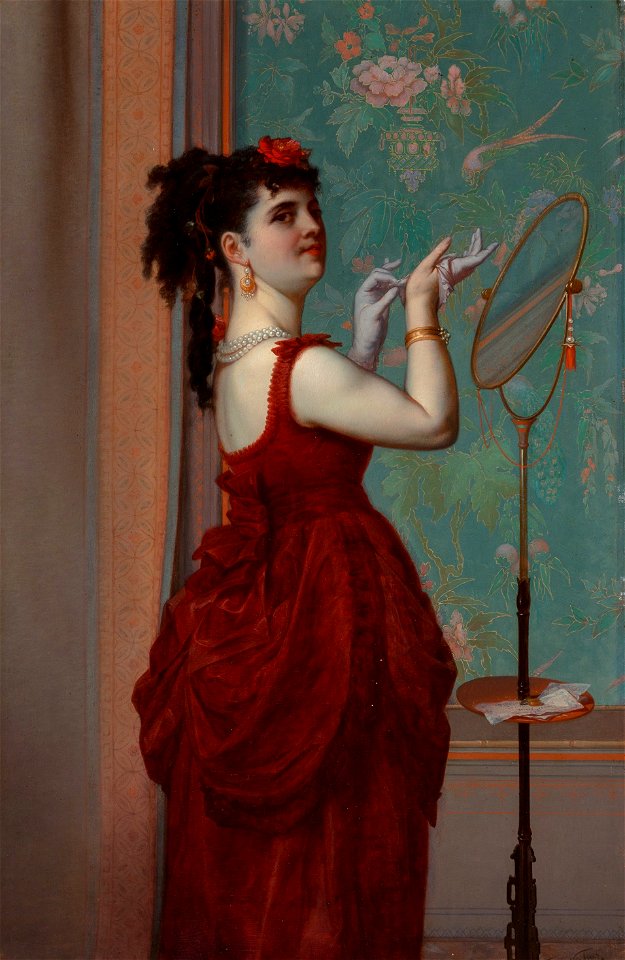 Lady in Red by Frans Verhas, oil on panel