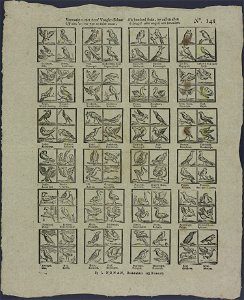 Vermaakt u met deez' vooglenschaar! Gy ziet'er hier vier minder maar, Als honderd stuks, zy zullen allen, ô jeugd! uwe oogen wel bevallen-Catchpenny print-Borms 0866