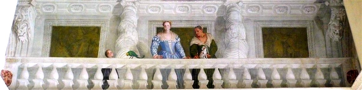 Veronese - Villa Barbaro - Giustinia Giustiniani at the Balcony, circa 1560-1561. Free illustration for personal and commercial use.