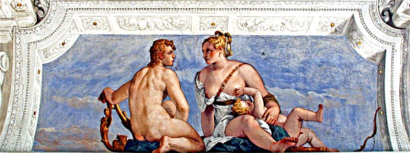 Veronese - Villa Barbaro - Venus and Apollo with Cupid, circa 1560-1561. Free illustration for personal and commercial use.