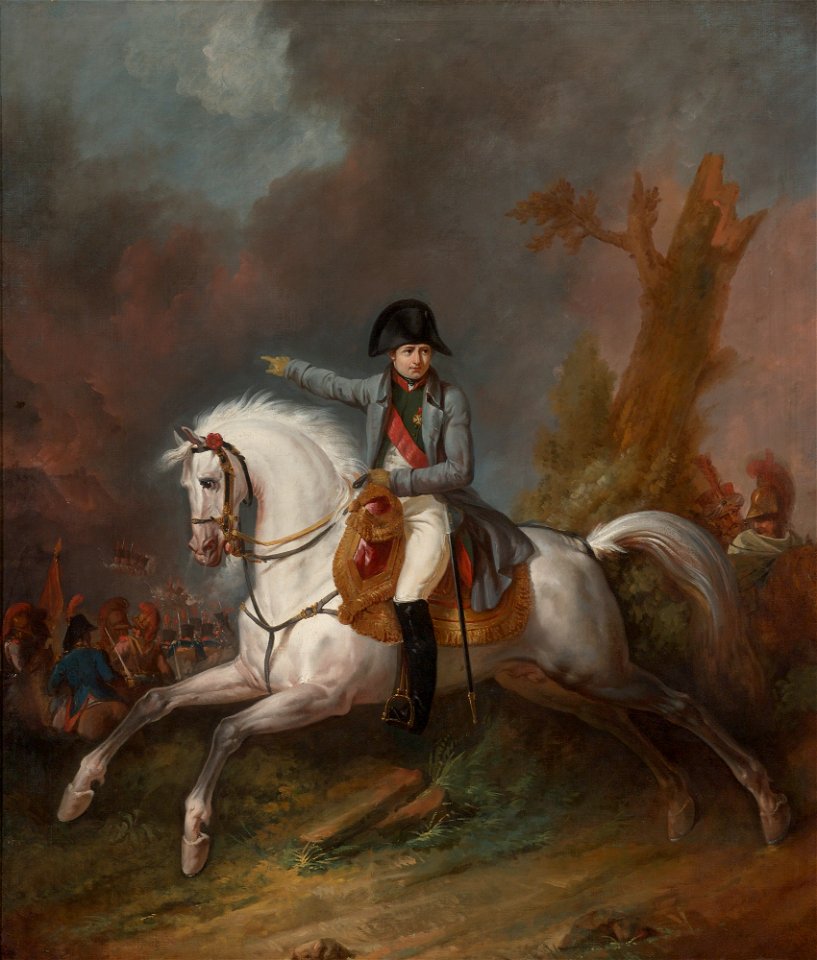 Carle Vernet - Un portrait équestre de l'empereur Napoléon avec une bataille au-delà