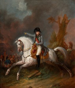 Carle Vernet - Un portrait équestre de l'empereur Napoléon avec une bataille au-delà
