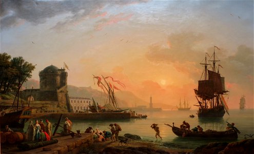 Claude-Joseph Vernet, A Grand View of the Sea Shore Enriched with Buildings Shipping and Figures. Free illustration for personal and commercial use.