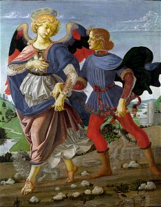 Workshop of Andrea del Verrocchio. Tobias and the Angel. 33x26cm. 1470-75. NG London. Free illustration for personal and commercial use.