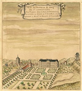 Veüe du chasteau et du bourg de St Leu-Taverny - En France, dans la valée de Montmorency apartenant cy devant au S.r de La Noüe, et a presant a Mons.r le Marquis de Xaintraille - 1708 - (dessin) - (Louis Boudan)