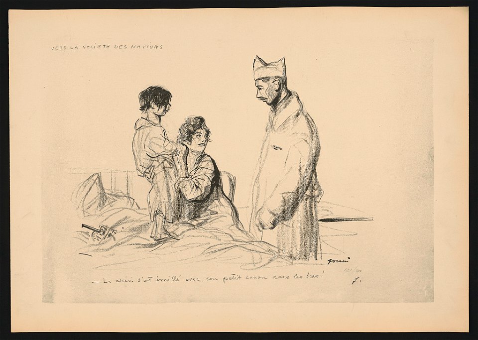 Vers la Société des Nations. Le cheri s'est eveillé avec son petit canon dans les bras! LCCN2015648515