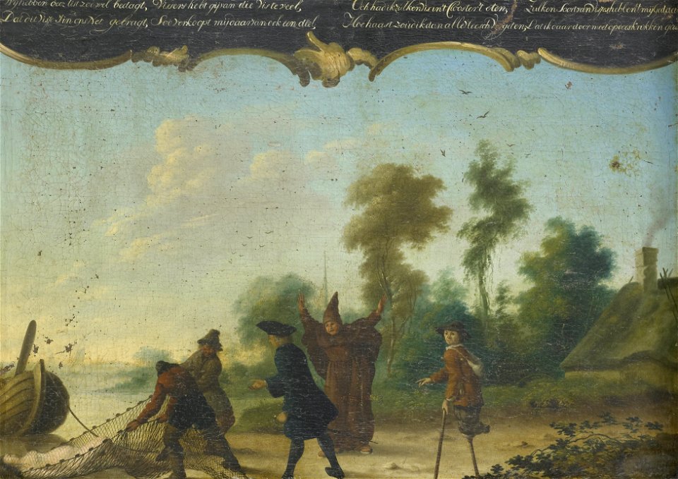Allegorie op de vrije liefde; een heer, een monnik en een bedelaar sprekend met twee vissers die een vrouw in een net gevangen hebben Rijksmuseum SK-C-1542