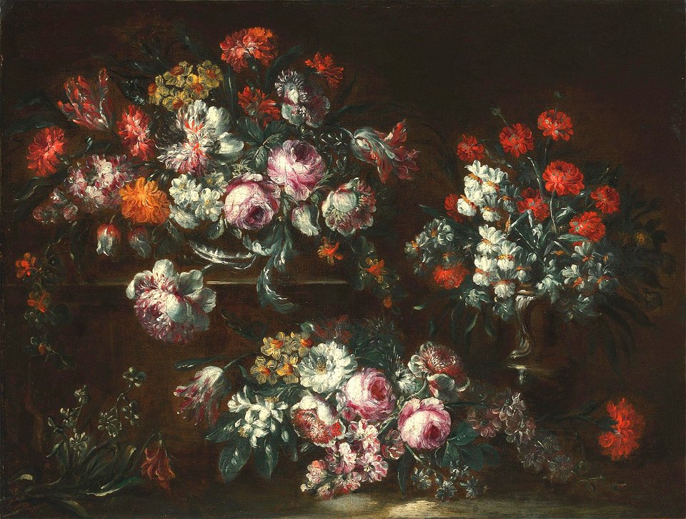 Roses, Carnations and Tulips in Ornamental Silver Vases on Ledges by Giuseppe Volò