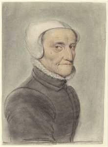 Vieille femme portant un vêtement noir à petite fraise et un chaperon blanc, de trois quarts à droite (Nicolas Lagneau)