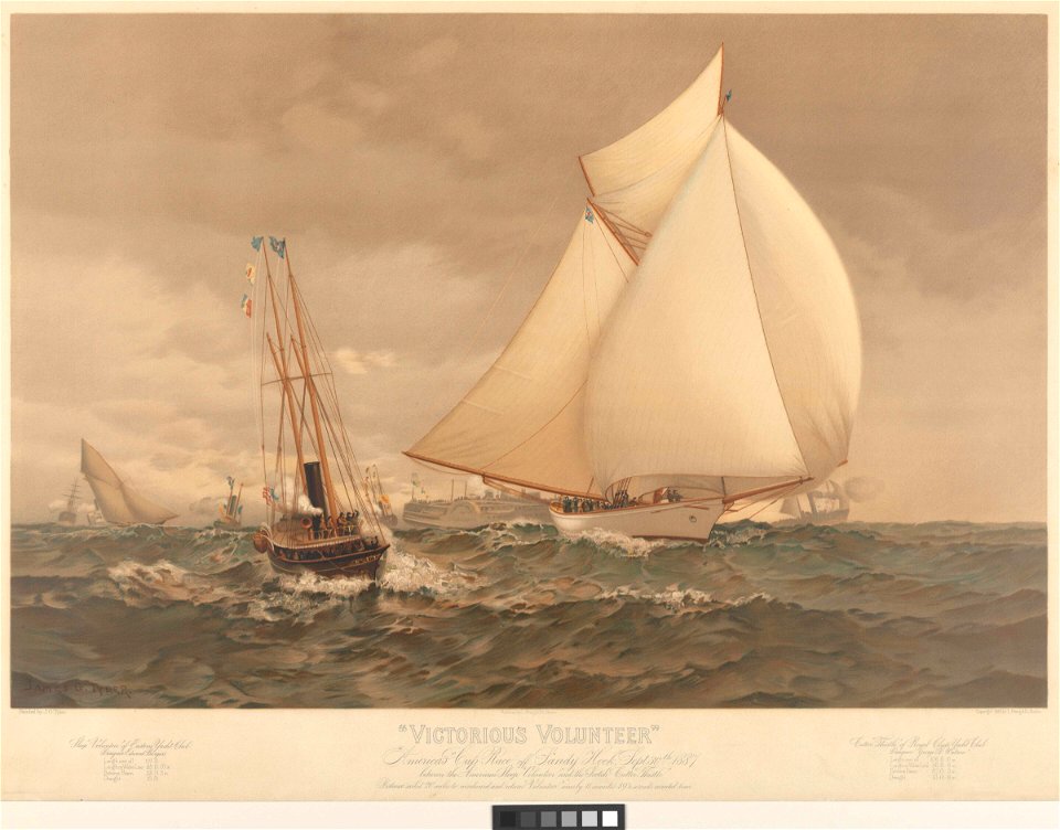 Victorious Volunteer. America's Cup Race off Sandy Hook, Sept 30th 1887 between the American sloop Volunteer and the Scotch Cutter Thistle - Sloop Volunteer of Royal Eastern Yacht Club. Designer Edward Burgess. Cutter RMG PY8787