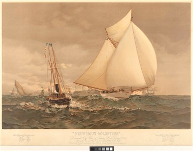 Victorious Volunteer. America's Cup Race off Sandy Hook, Sept 30th 1887 between the American sloop Volunteer and the Scotch Cutter Thistle - Sloop Volunteer of Royal Eastern Yacht Club. Designer Edward Burgess. Cutter RMG PY8787. Free illustration for personal and commercial use.