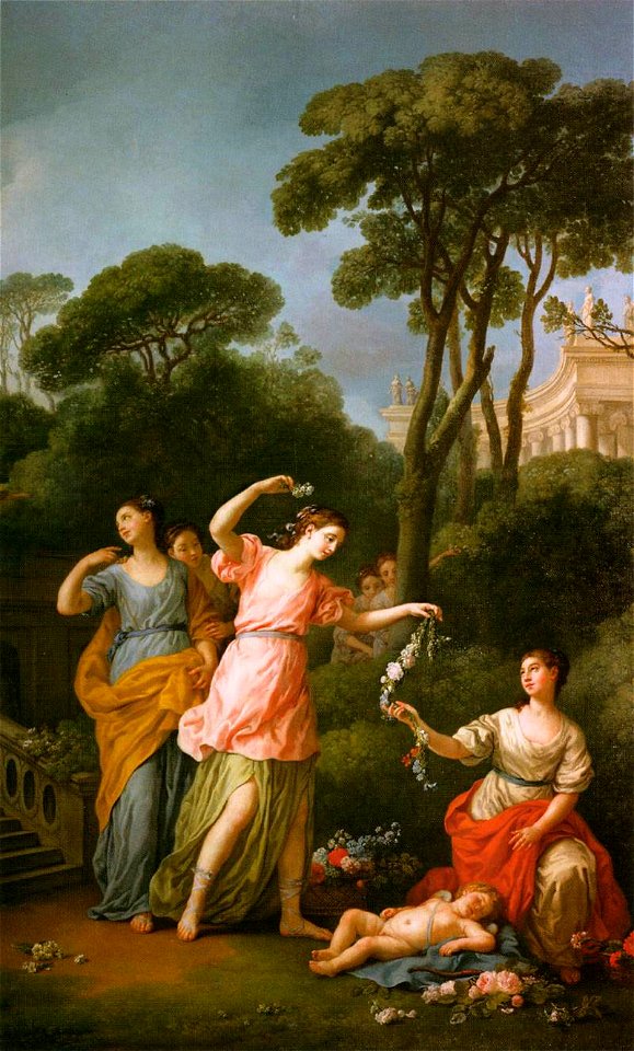 Joseph-Marie Vien - Greek Maidens Adorning a Sleeping Cupid with Flowers - WGA25070
