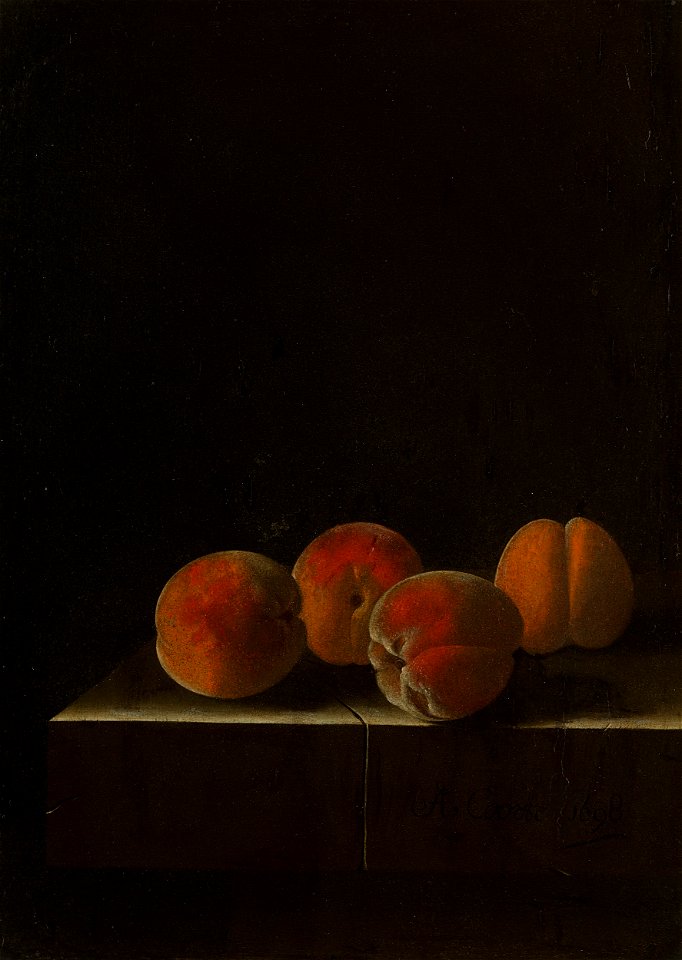 Vier abrikozen op een stenen plint Rijksmuseum SK-C-1688