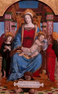 Vierge à l'Enfant accompagnée par deux anges. Free illustration for personal and commercial use.