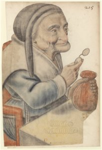 Vieille femme assise devant une table, tenant une bourse dans sa main gauche et un binocle dans sa main droite, vue de trois quarts à droite (Nicolas Lagneau)