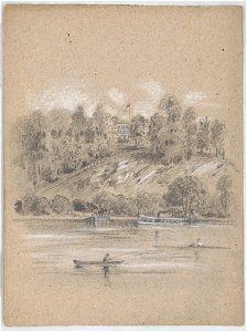 View from the Schuylkill River looking up toward a mansion, possibly Lemon Hill in Philadelphia, Pennsylvania, atop a hillside at center; a steam ferry passes on the river below, one man LCCN2016648665