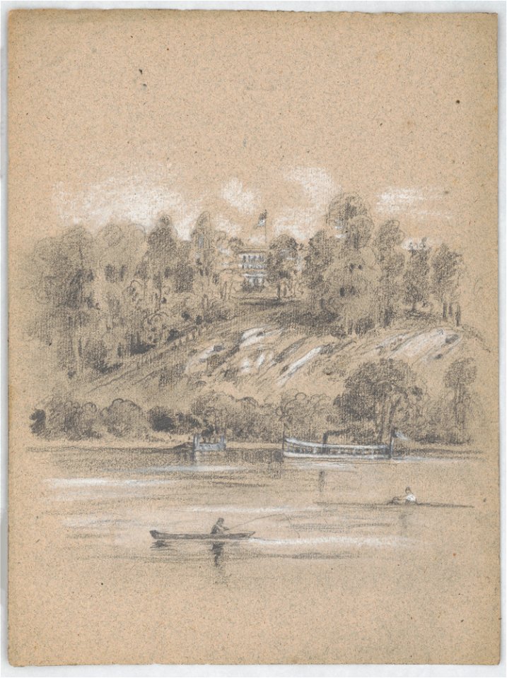 View from the Schuylkill River looking up toward a mansion, possibly Lemon Hill in Philadelphia, Pennsylvania, atop a hillside at center; a steam ferry passes on the river below, one man LCCN2016648665