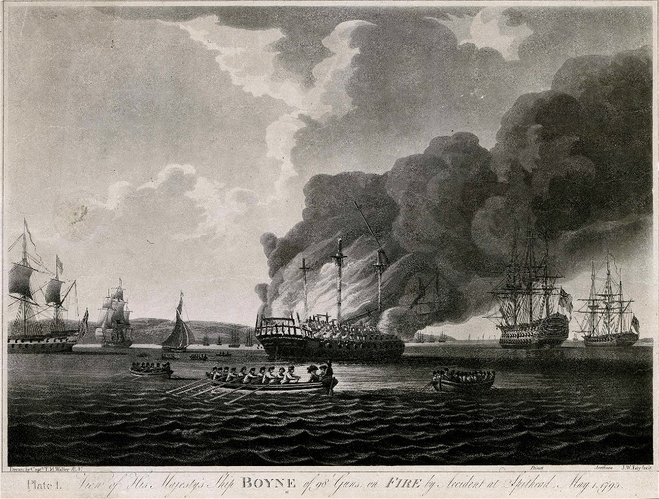 View of His Majesty's Ship Boyne of 98 Guns, on Fire by Accident at Spithead, May 1795 RMG PY0753